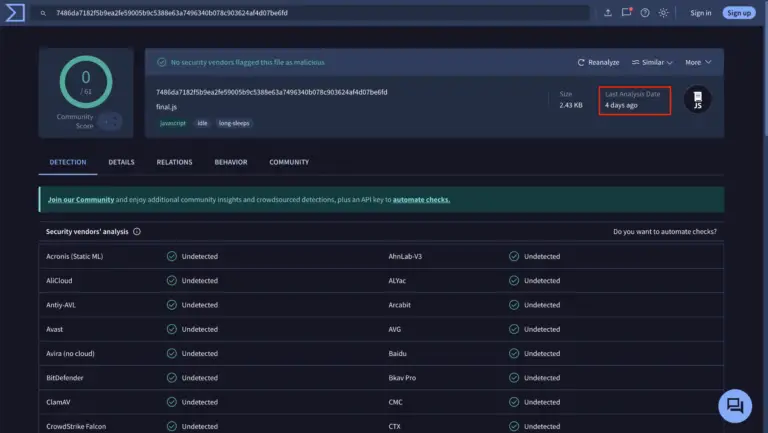 VirusTotal results for the rewritten script