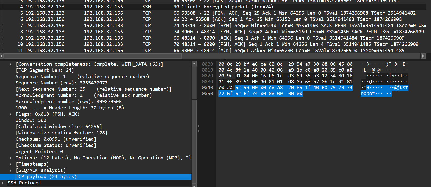 TCP packet sent by the BPFDoor controller to the target with its payload highlighted