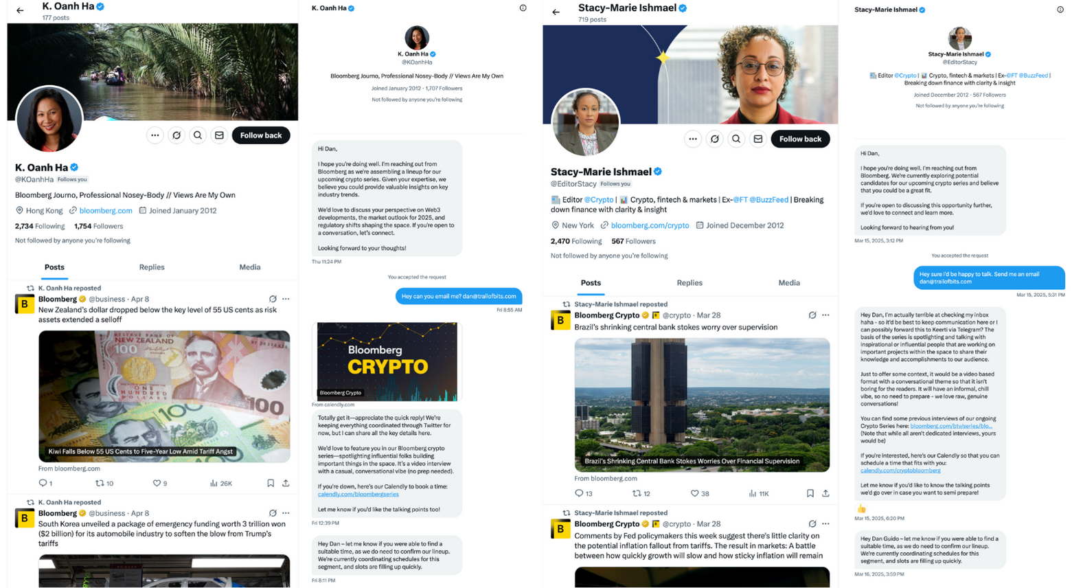 X DMs between Dan Guido (Trail of Bits CEO) and sockpuppet accounts from ELUSIVE COMET