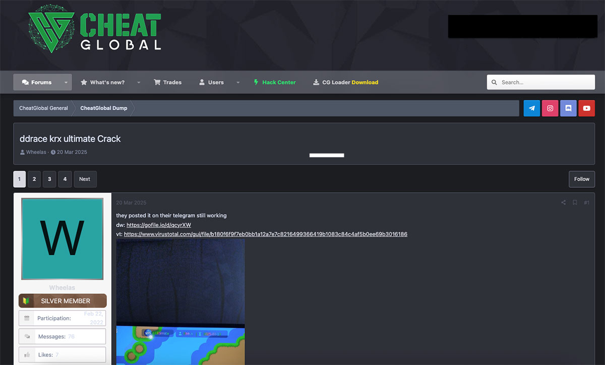 Myth Stealer presented as a crack of a game cheating software in an online forum