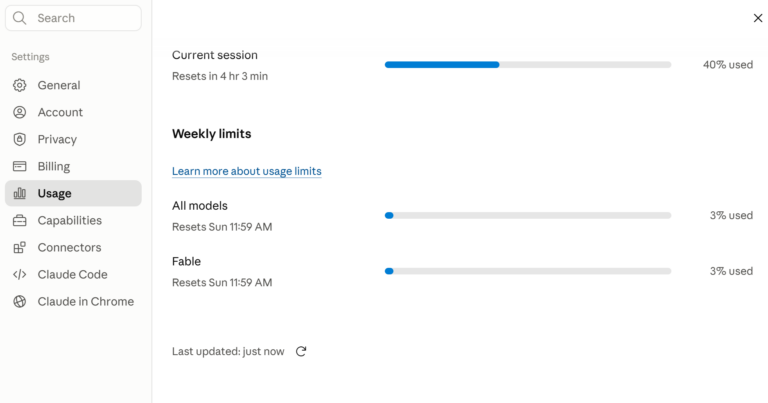 Claude Fable 5 model dashboard showing quota reset and new credit pricing