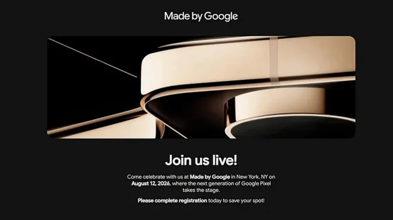Google Pixel 11 launch event teaser featuring a golden frame and the upcoming Tensor G6 smartphone lineup