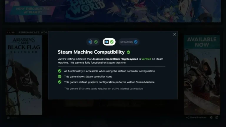 Steam Machine compatibility verified checkmark icon on the Steam Store interface.
