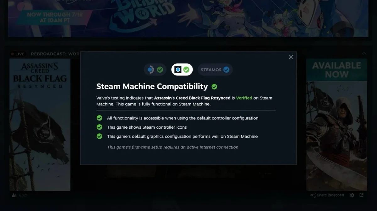 Steam Machine compatibility verified checkmark icon on the Steam Store interface.