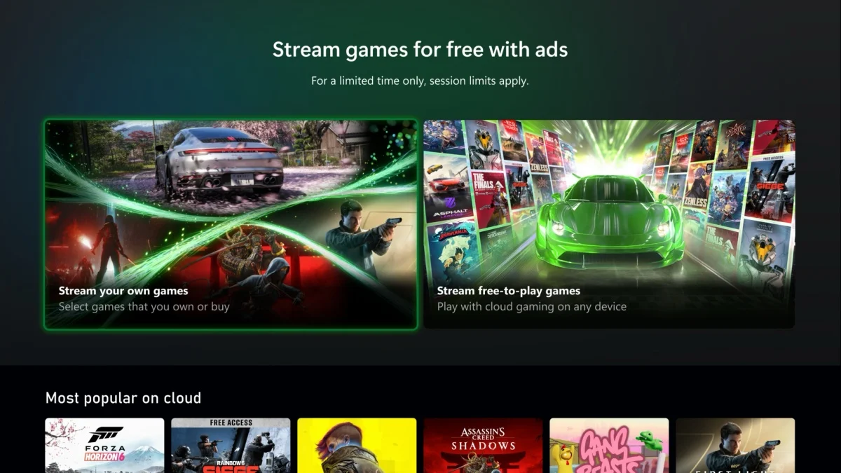 Xbox cloud gaming interface showing ad-supported game streaming options