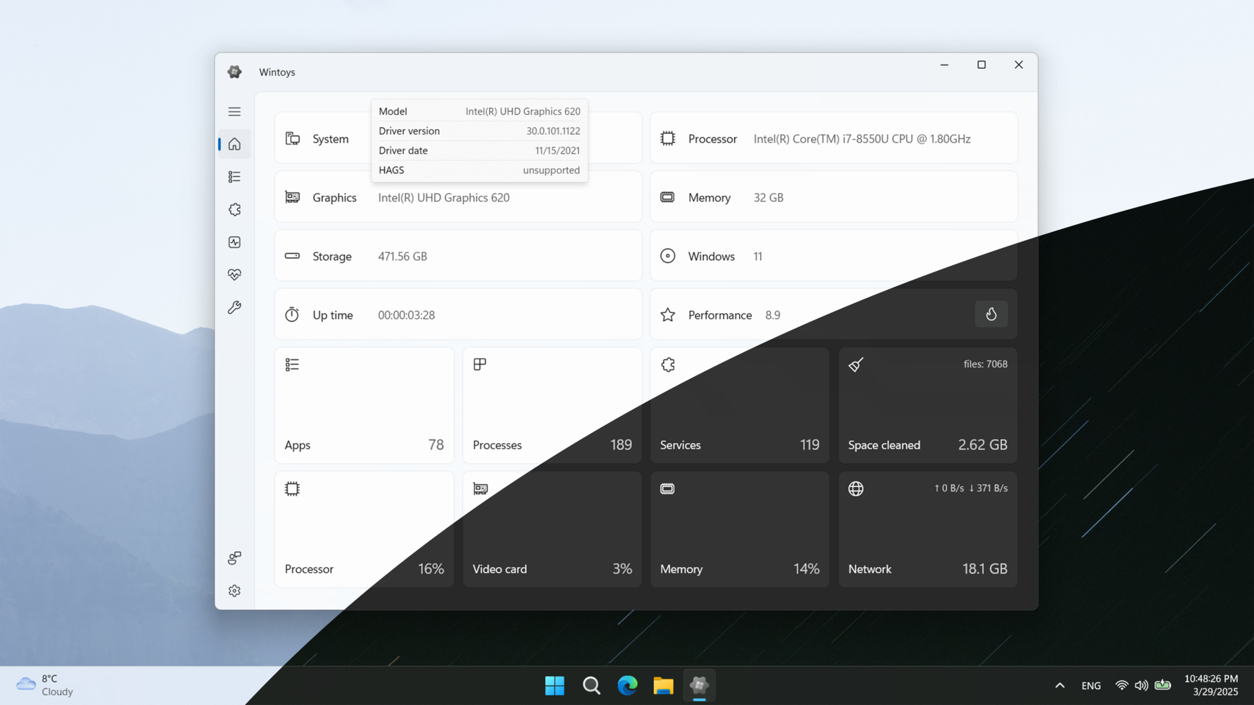 Wintoys app optimization dashboard showing reduced memory usage on Windows 11