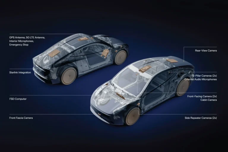 Tesla Cybercab interior showing Starlink V5 satellite antenna integration for autonomous driving network redundancy.