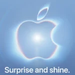 Apple Park Steve Jobs Theater graphic with "Surprise and shine" event invitation text