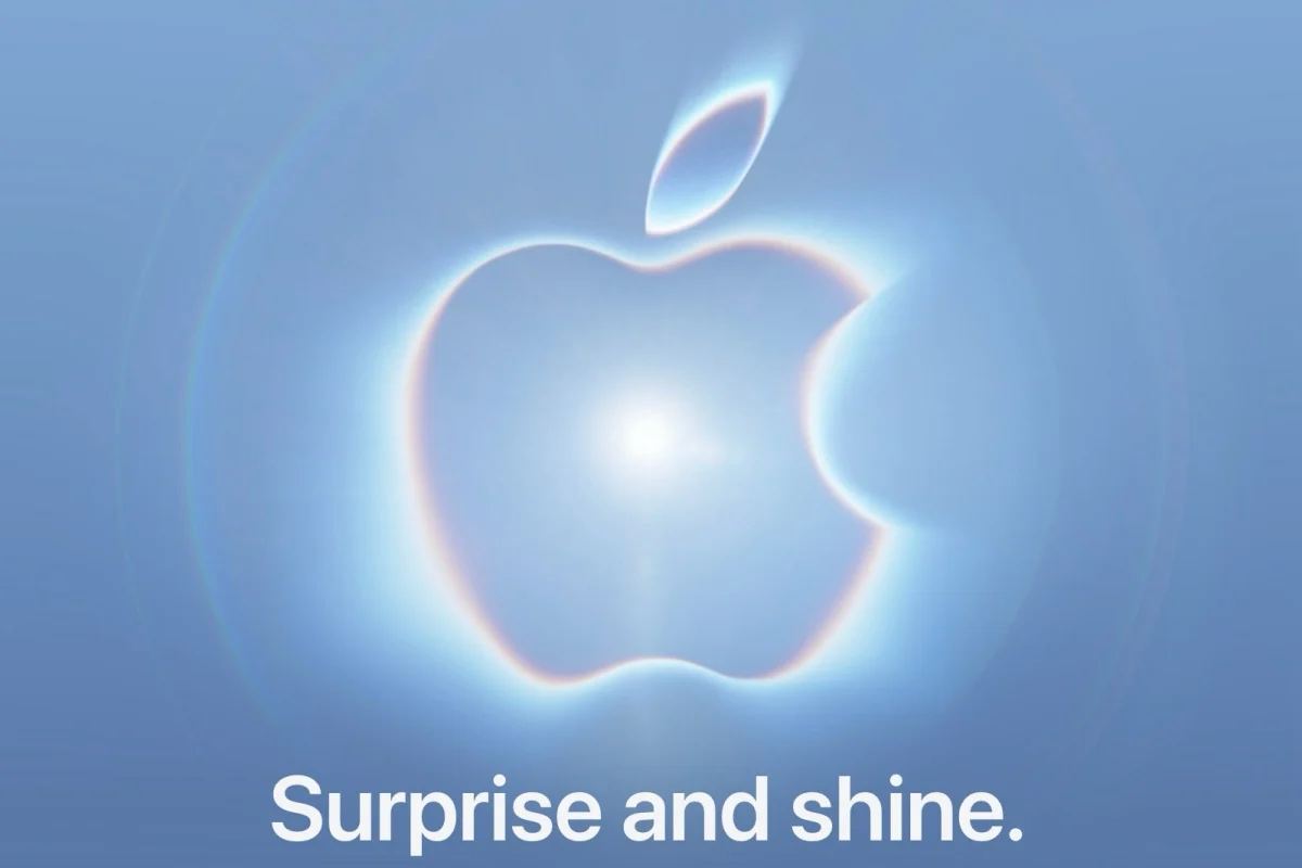 Apple Park Steve Jobs Theater graphic with "Surprise and shine" event invitation text