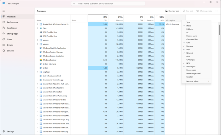 Windows Task Manager NPU monitoring local AI workloads and neural processor performance