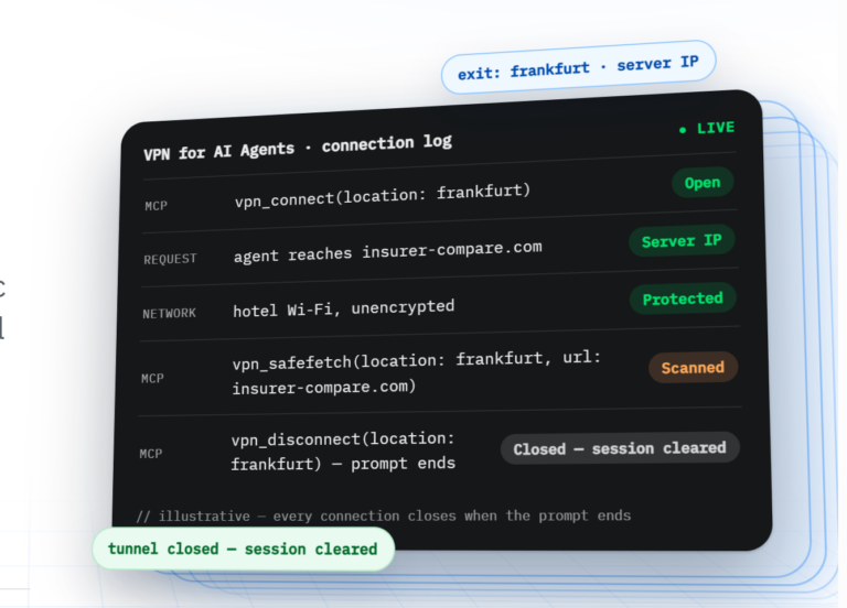 Bitdefender VPN for AI Agents giving each task a disposable isolated connection via MCP