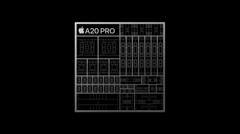 Apple A20 Pro chip processor architecture diagram against a dark background