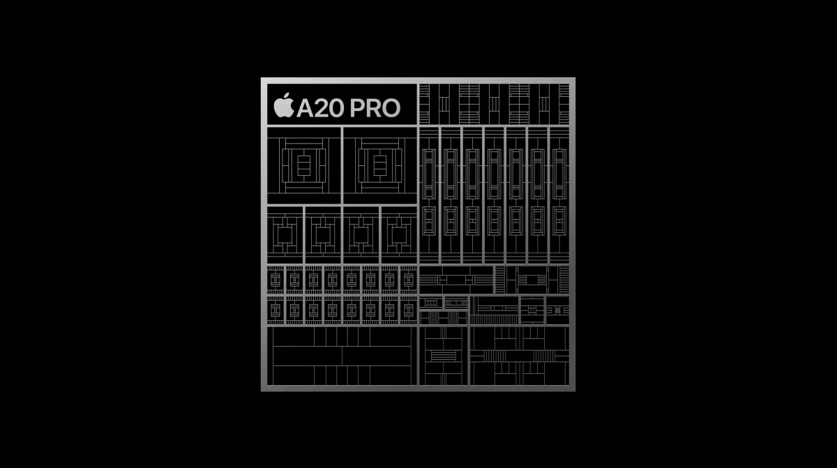 Apple A20 Pro chip processor architecture diagram against a dark background