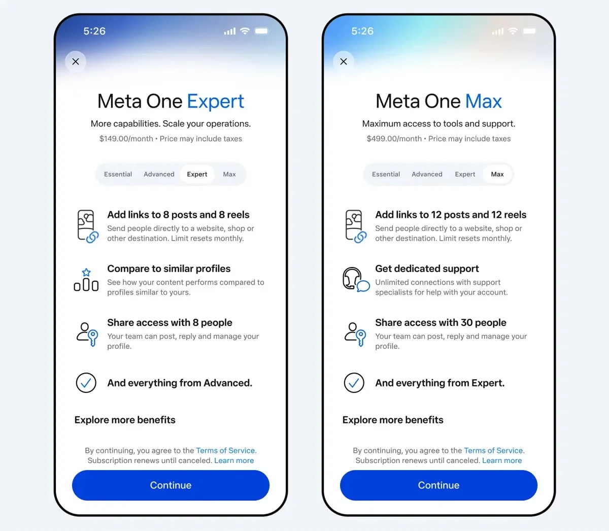 Meta One subscription tiers displayed on a mobile device screen