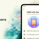 Opera browser eSIM on an Android phone activating free 3GB of 5G data as an Opera travel eSIM for international trips