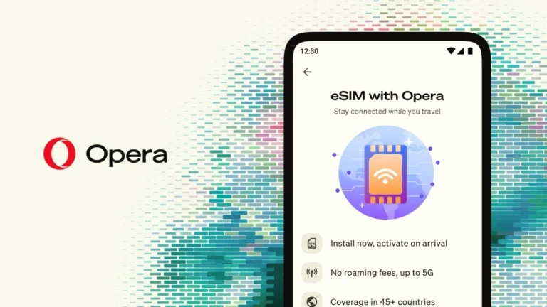 Opera browser eSIM on an Android phone activating free 3GB of 5G data as an Opera travel eSIM for international trips