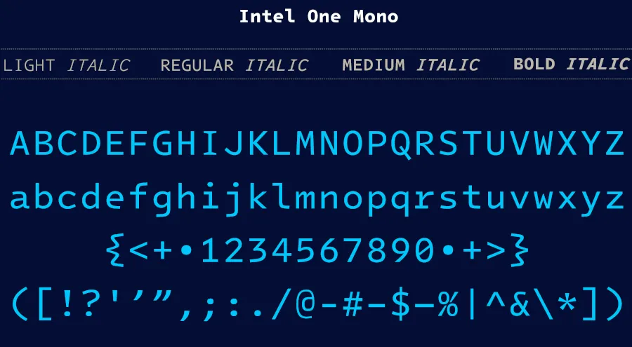 Intel ONE Mono font coding environment display