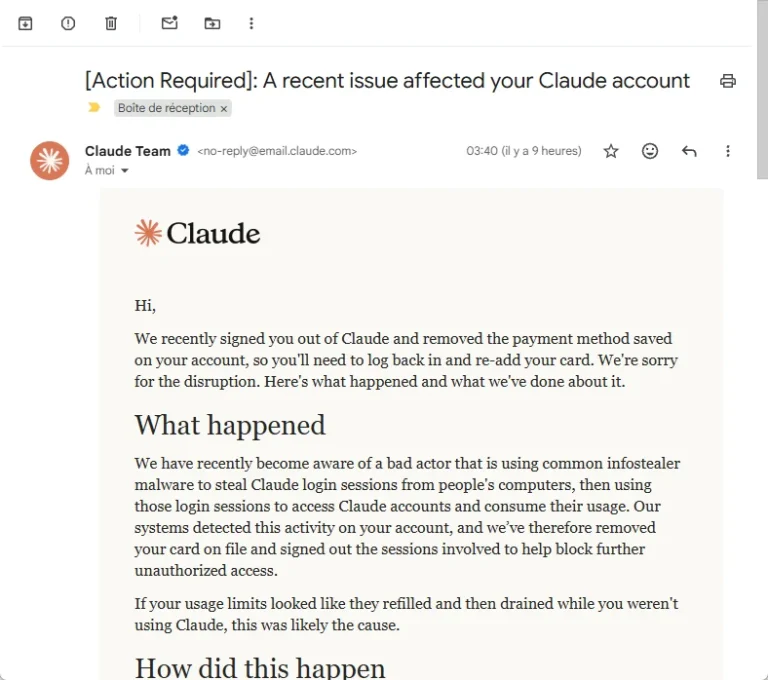Info-stealing malware extracting stolen Claude active sessions from a compromised computer.