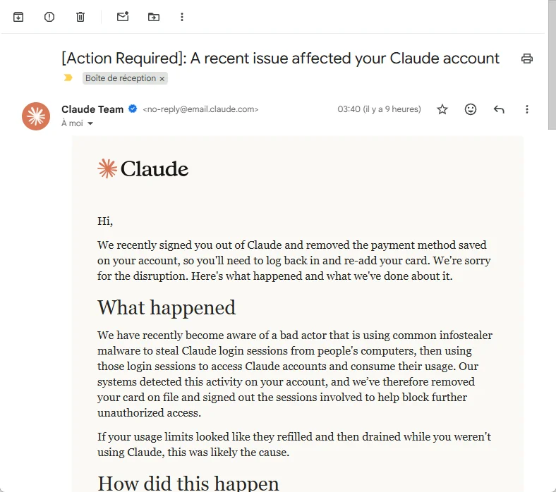 Info-stealing malware extracting stolen Claude active sessions from a compromised computer.