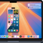 Apple smart home camera shaped like a small cylinder that sends text alerts instead of recording video, shown beside the Apple smart home display