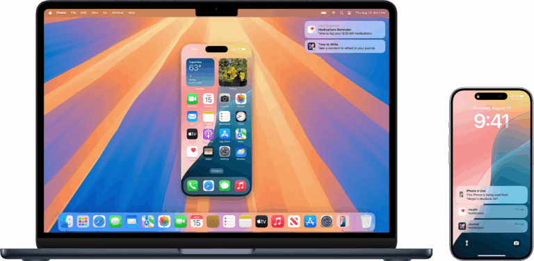 Apple smart home camera shaped like a small cylinder that sends text alerts instead of recording video, shown beside the Apple smart home display
